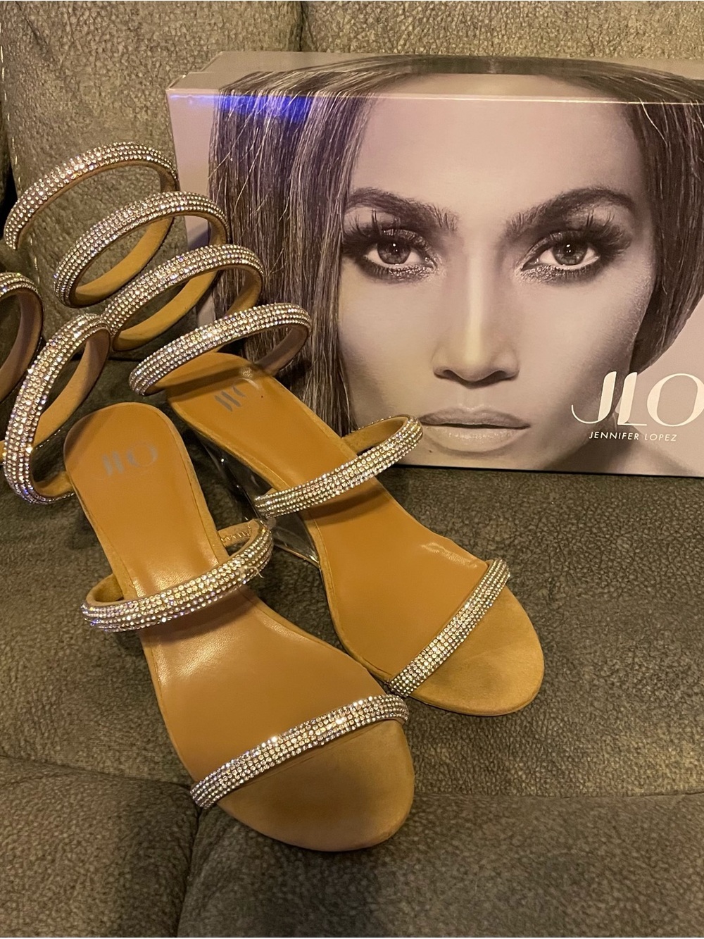 Jennifer Lopez Tan Rhinestone Multi-Strap Block Heels